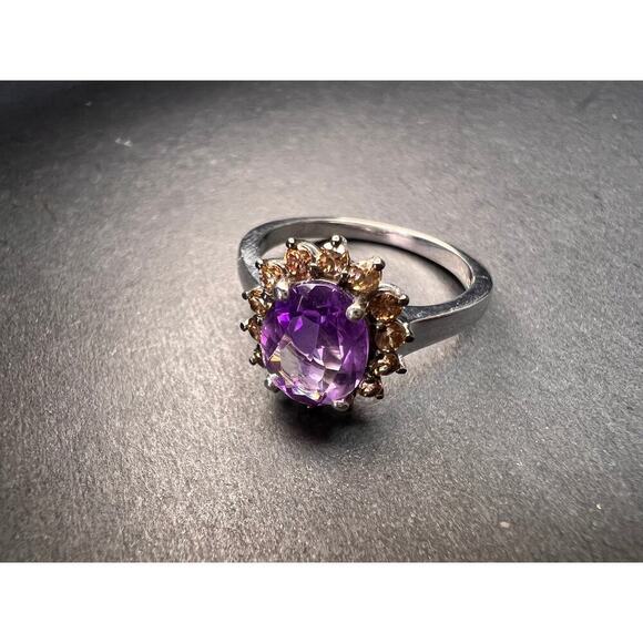 NEW Amethyst and brown zircon halo ring in platinum over sterling silver size 8 - Picture 13 of 16